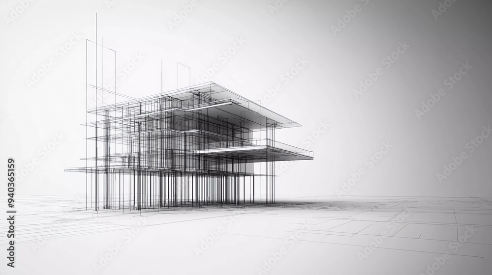 Fototapete 3d illustration abstract modern urban building out-line black and white drawing of imagination archi