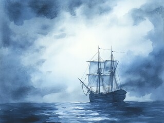 Fototapeta premium Ghost ship, sailing through a stormy night, spectral glow, Watercolor style