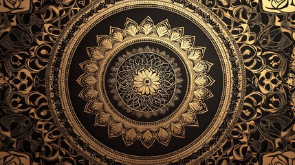 Ornate Golden Mandala on Black Background