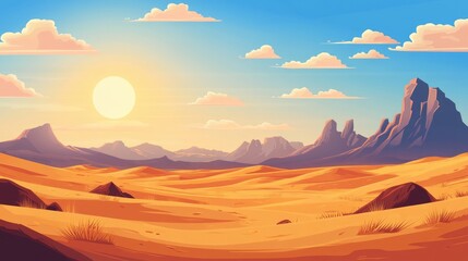 Naklejka premium Vast desert landscape with rolling sand dunes and distant rocky outcrops, endless horizon under a hot sun