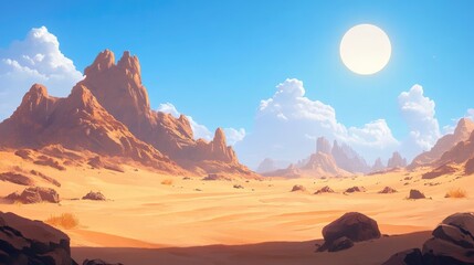 Naklejka premium Vast desert landscape with rolling sand dunes and distant rocky outcrops, endless horizon under a hot sun