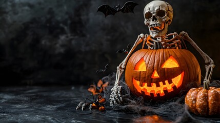 A spooky skeleton beside a glowing jack-o'-lantern for Halloween decor.