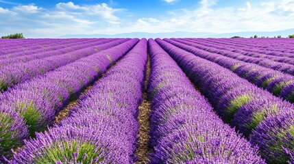 Obraz premium Vast lavender field in full bloom under a bright blue sky, rows of vibrant purple flowers stretching into the distance