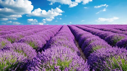 Obraz premium Vast lavender field in full bloom under a bright blue sky, rows of vibrant purple flowers stretching into the d