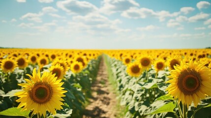 Fototapeta premium Vast sunflower field under a bright summer sky, rows of vibrant yellow flowers stretching into the distance, peaceful and abundant