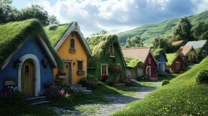Fototapeta premium Charming cottages with grass roofs and vibrant designs nestle in a serene countryside under blue skies.