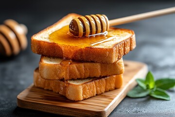 A stack of buttery toast with honey drizzled on top, captured in a warm, inviting kitchen setting with a cozy, nostalgic feel