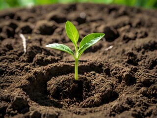 Fototapeta premium a small plant growing on a coin lying on the ground. Green investment concept, Collecting money to invest. Financial growth concept