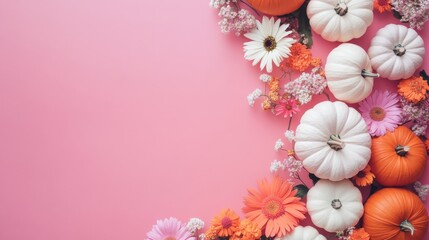 Obraz premium A pink background with a variety of flowers and pumpkins. The flowers are orange and white, and the pumpkins are white and orange. The image has a warm and inviting mood
