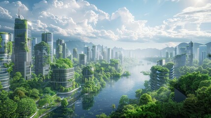 Naklejka premium Green Cityscape with River