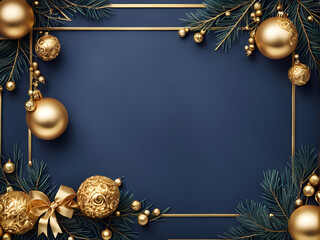 Christmas card. Frame borders made of gold balls, decorations, fir branches on dark blue background. Luxury style.