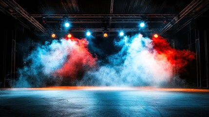 Naklejka premium Empty stage with blue and red lighting creating dramatic effects, light smoke drifting across the floor, and an unoccupied spotlight center stage