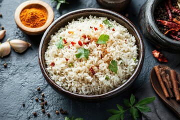 Bowl of Aromatic Rice with Spices and Herbs