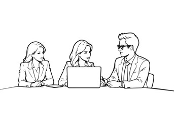 Business Group Meeting Silhouette Line Art Vector Illustration. Abstract Black Sketch Illustration of Businessmen with Laptop for Minimalist Design.