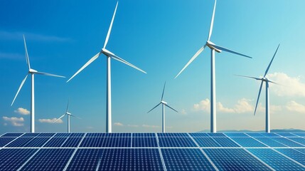 A landscape featuring wind turbines and solar panels against a clear blue sky, symbolizing renewable energy and sustainability.