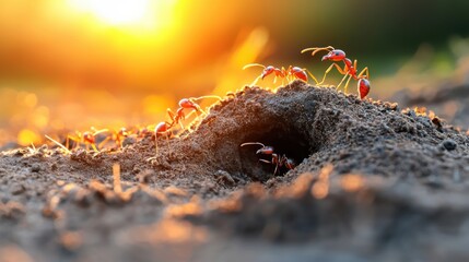Detailed macro photograph of an ant hill is subterranean architecture, capturing the complex tunnel system and active ants within their colony