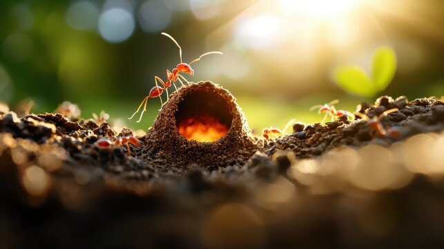 Detailed macro photograph of an ant hill is subterranean architecture, capturing the complex tunnel system and active ants within their colony