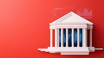 Modern architectural illustration of a bank represented in 3D on a vibrant red background, highlighting finance and economy concepts.