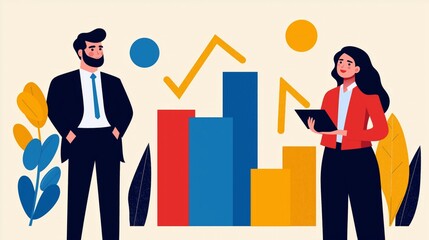 Professional colleagues analyze market trends with colorful graphics and charts in a modern office setting.