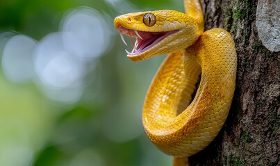 A close-up of a yellow snake with its mouth open, revealing sharp fangs, wrapped around a tree trunk.