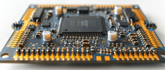 High- Microcontroller Board with Detailed Electronics in , Isolated on White Background with Large Copy Space