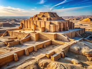 Ancient Mesopotamian temple ruins stand majestically amidst a vast, sun-baked desert landscape, its crumbling ziggurat and intricately carved stone walls telling stories of a bygone era.