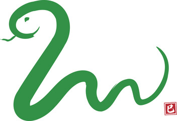 手描きの緑色のヘビ、筆のベクターイラスト