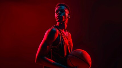 Fototapeta premium A basketball player standing while holding a basketball against a black background. The scene is dramatically lit with red lighting, highlighting the contours of the player's figure and the ball.