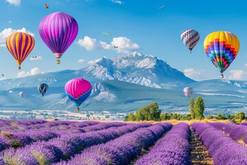 Fototapeta premium Explore the enchanting lavender fields of provence with colorful hot air balloons in the sky