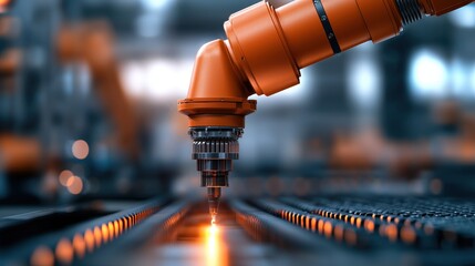 Close-up of an advanced robotic arm conducting precise work on a manufacturing assembly line in a modern industrial setting.