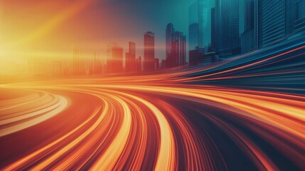 Obraz premium Dynamic cityscape at sunset with blurred lights, showcasing speed and energy in urban movement.