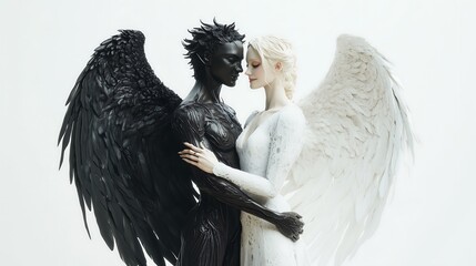 A black demon and a white angel standing side by side with their arms around each other, both smiling warmly. The background is pure white, highlighting the contrast between the two figures.
