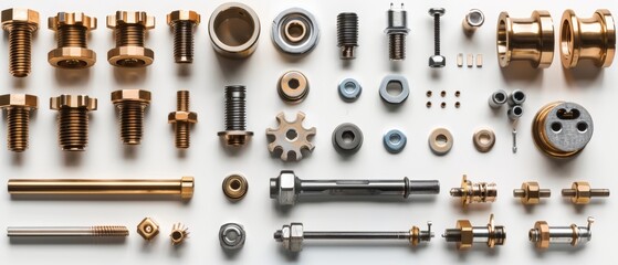 Obraz premium Precision Engineered Mechanical Parts in on White Background with Copy Space