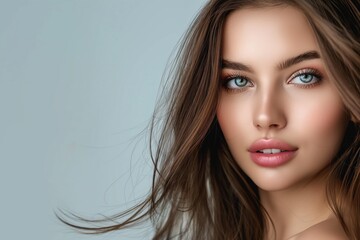 Fototapeta premium Portrait of a beautiful young woman with professional make-up on grey background.