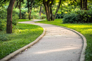 Obraz premium Pedestrian Walkway Winding Through Bustling Park: Urban Stroll Among Vibrant Greens