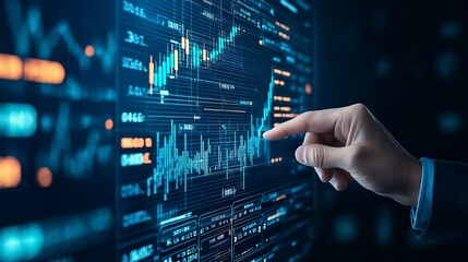A close-up view of a hand analyzing stock market data on a digital screen, depicting financial trends and analytics.
