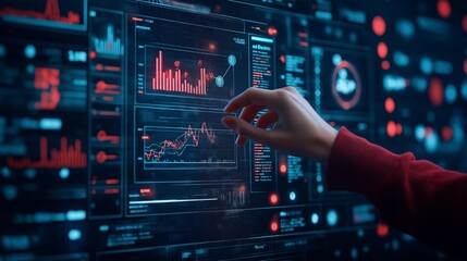 Obraz premium A hand interacts with a digital interface displaying data visualization and analytics, showcasing technology and innovation.