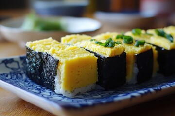 Close-Up of Tamagoyaki Sushi Rolls with Green Onion Garnish on Blue and White Plate