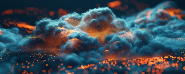 Futuristic 3D Hologram of Cloud Computing Network with Luminous Data Points on Dark Background