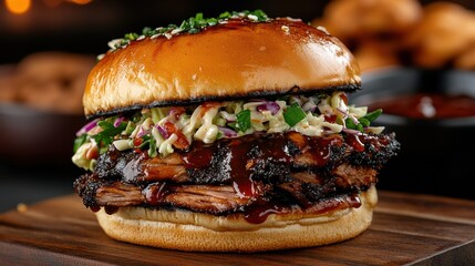 BBQ brisket sandwich in close-up, layered with creamy coleslaw and barbecue sauce, served on a toasted sesame bun, showcasing its rich, smoky taste.