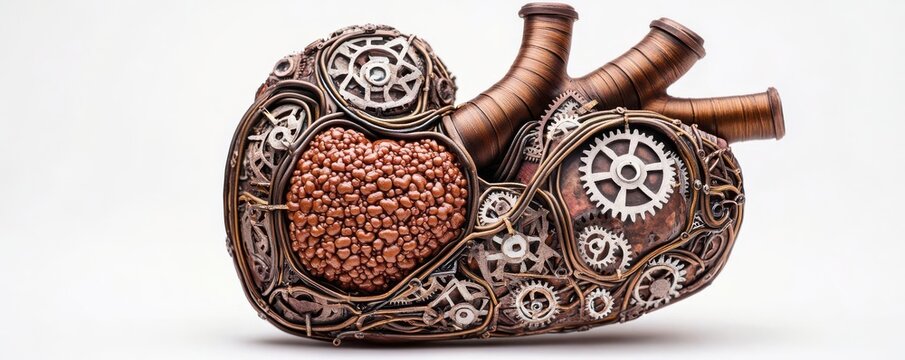 Human heart clogged with cholesterol, steampunk style, gears and metal elements, rusty tones