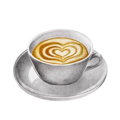 Cup of coffee with a saucer with foam on a white background. Watercolor illustration for cafe, coffee shop, menu, logo, store, coffee machines