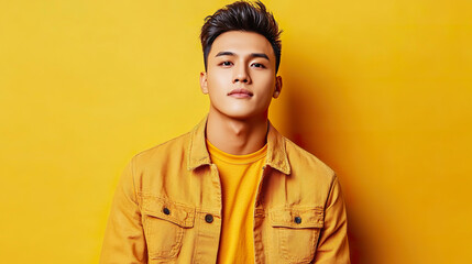 Fototapeta premium Young Asian male fashion model poses in stylish outfit, yellow background