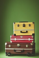 Three vintage suitcases stacked on top of each other against a green background.
