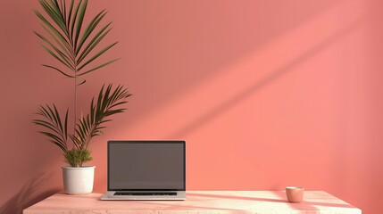 Modern workplace with laptop on desk, featuring bright colorful wall background, sleek office environment with minimalist decor, ideal for remote work and technology themes