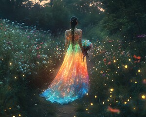A surreal image of a Korean woman with a transparent, rainbow-lit dress, holding a bouquet as she strolls down a path lined with swaying flowers at dusk. Fireflies dance around her, creating