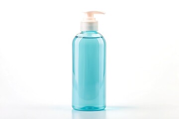 Clear plastic shampoo bottle with flip-top cap and label, partially filled with pale blue liquid, standing upright on a clean white background surface.