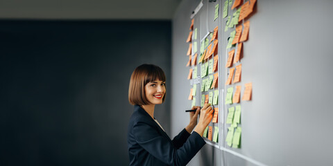 Business Professional Creating Strategic Plan on Whiteboard with Sticky Notes. Businesswoman