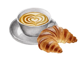 Coffee, latte, cappuccino with croissant on white background. Watercolor illustration for cafe, coffee shop, pastry shop, bakery 