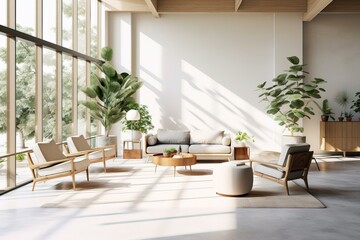 Fototapeta premium Modern Minimalist Living Room with Natural Light and Greenery